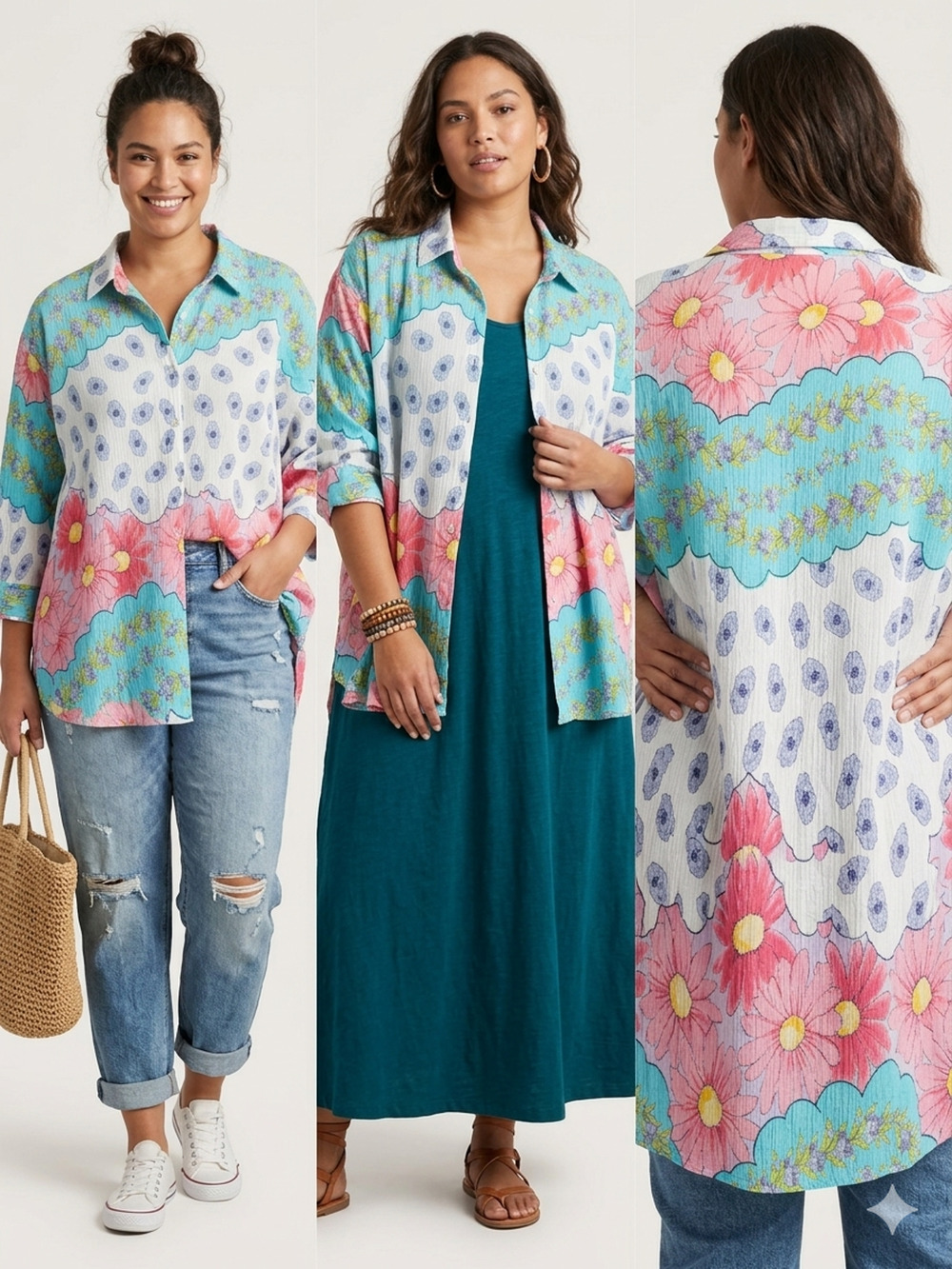 Sunbay Sport Crinkled Cotton Floral Tunic Blouse Festival Colorful Funky Plus 3X